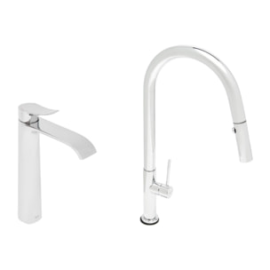 set mitigeur lavabo haut + mitigeur cuisine avec douchette extractible et bras pivotant, chrome (SATINFBSD285)