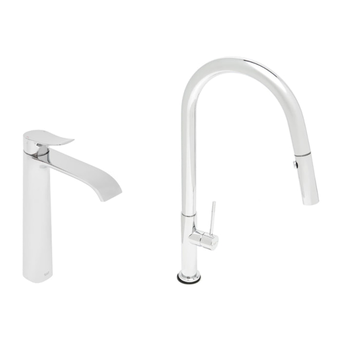 set mitigeur lavabo haut + mitigeur cuisine avec douchette extractible et bras pivotant, chrome (SATINFBSD285)