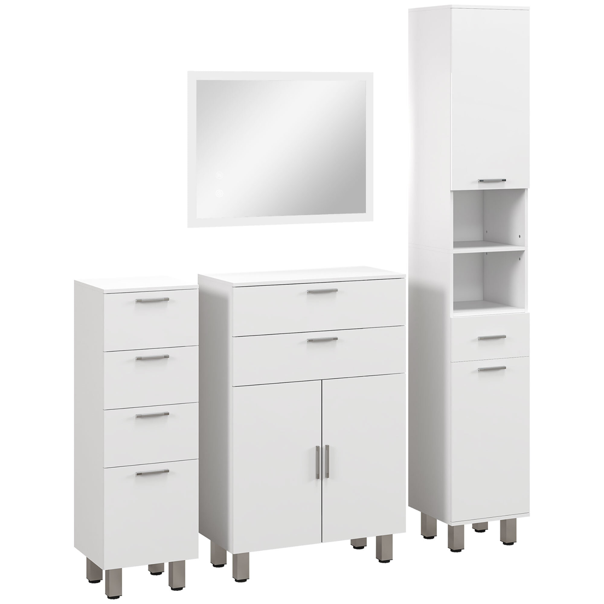 Conjunto de Baño Incluye 2 Mueble Auxiliar de Baño 1 Columna de Baño Y 1 Espejo de Baño con Luces LED Función de Memoria Interruptor Blanco Brillante