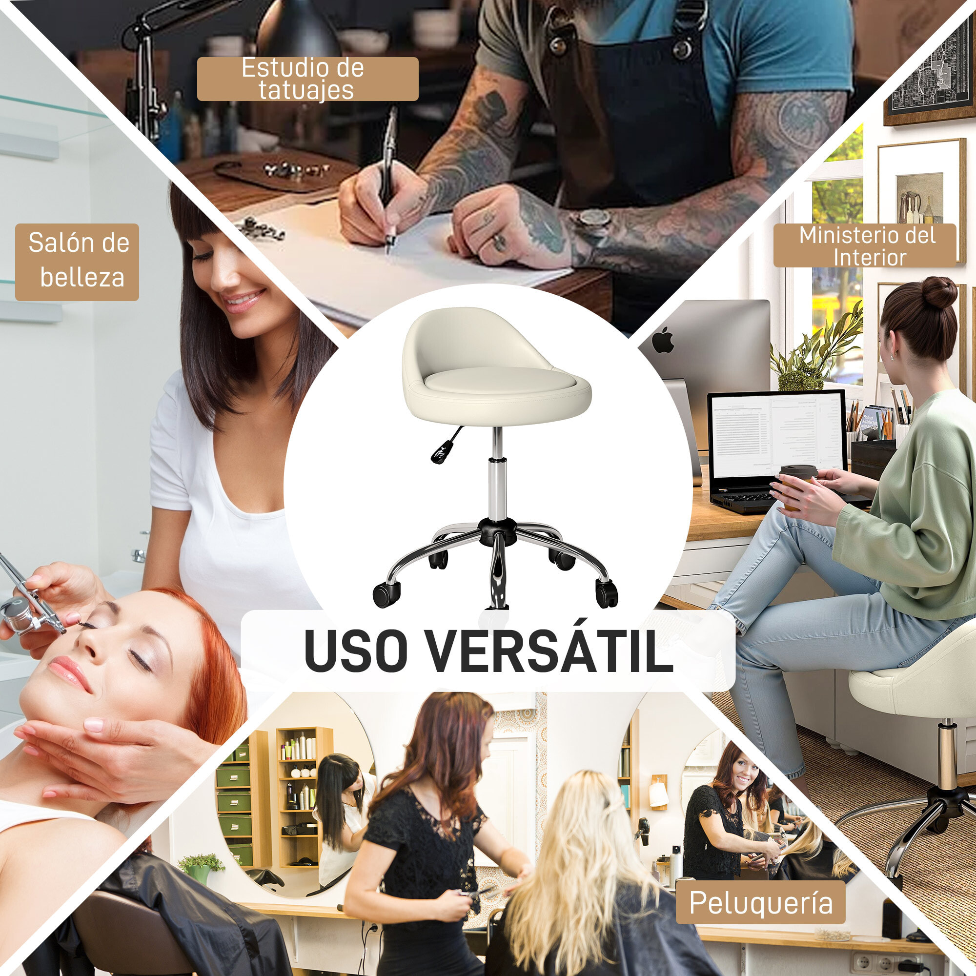 Taburete con Ruedas, Taburete Giratorio Cosmético con Altura Ajustable, Cuero Sintético, Asiento Acolchado y Amplio, para Dentista y Peluquería, Carga 120 kg, Ø50x63-83 cm, Blanco