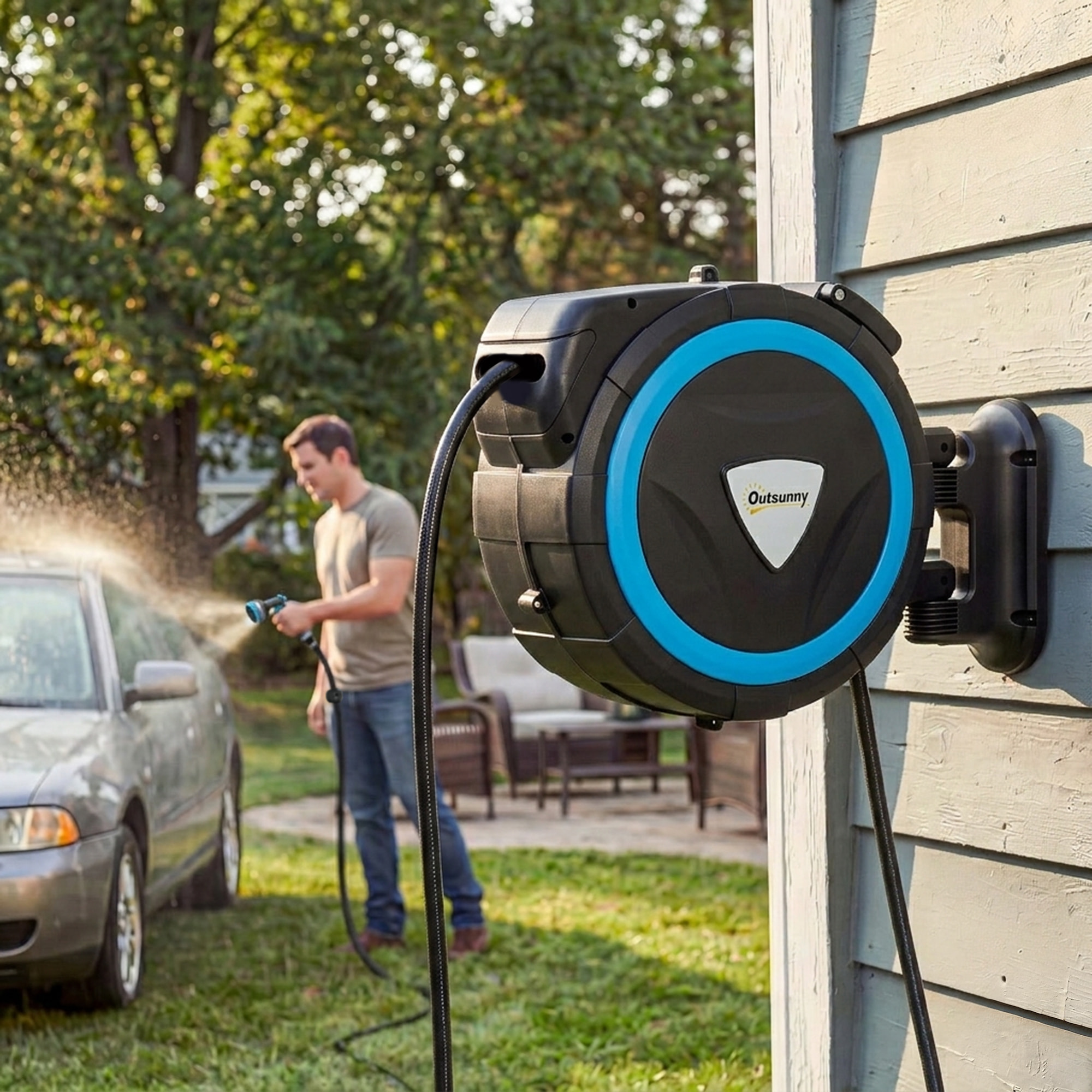 Dévidoir mural enrouleur automatique pivotant tuyau 14+1,5m avec pistolet buse et support mural