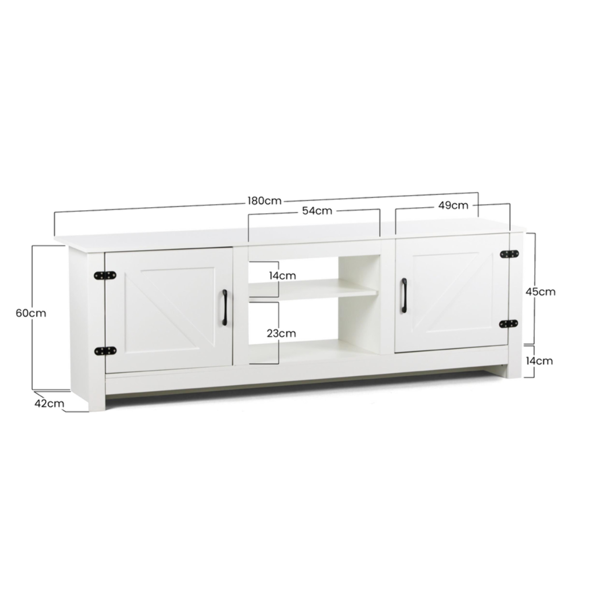 Mobile TV basso bianco con 2 ante e 2 ripiani 180x42x60 cm