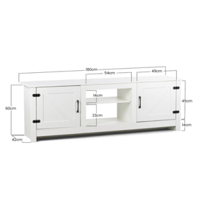 Mobile TV basso bianco con 2 ante e 2 ripiani 180x42x60 cm