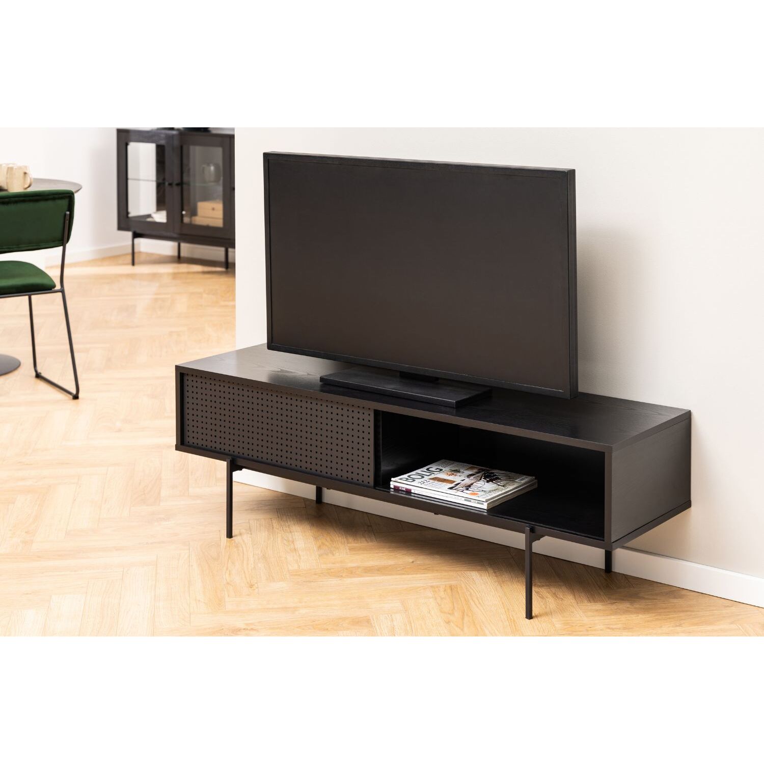 Meuble TV noir avec porte coulissante et 1 niche METTY