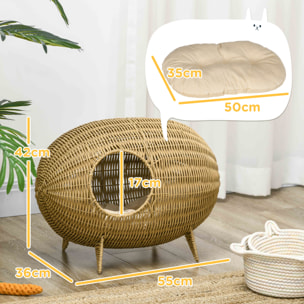 Panier pour chat en résine tressée imitation rotin grand confort dim. 55L x 36l x 42H cm coussin moelleux beige inclus