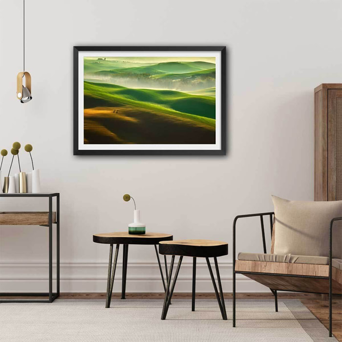 Affiche nature collines brumeuses Affiche sous cadre noir