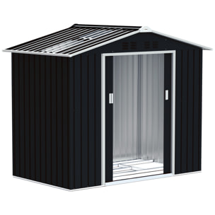 Cobertizo de Jardín 2,42m² con Base de Refuerzo Sin Suelo 213x130x185 cm Caseta de Jardín Exterior con Puertas Correderas Claraboya 4 Ventanas para Almacenamiento de Herramientas Gris Oscuro