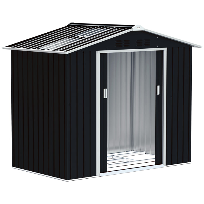 Cobertizo de Jardín 2,42m² con Base de Refuerzo Sin Suelo 213x130x185 cm Caseta de Jardín Exterior con Puertas Correderas Claraboya 4 Ventanas para Almacenamiento de Herramientas Gris Oscuro