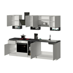 Cucina completa Dcelient, Cucina pratica e salvaspazio, Parete da cucina con 7 ante e 1 cassetto, 100% Made in Italy, 255x60h85 cm, Bianco lucido e Ardesia