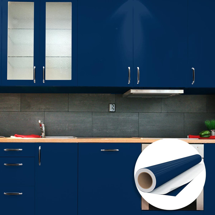 Rouleau adhésif décoratif Vinyle au Mètre - Bleu fonce - Sticker Lavable Imperméable Mur Cuisine Meubles