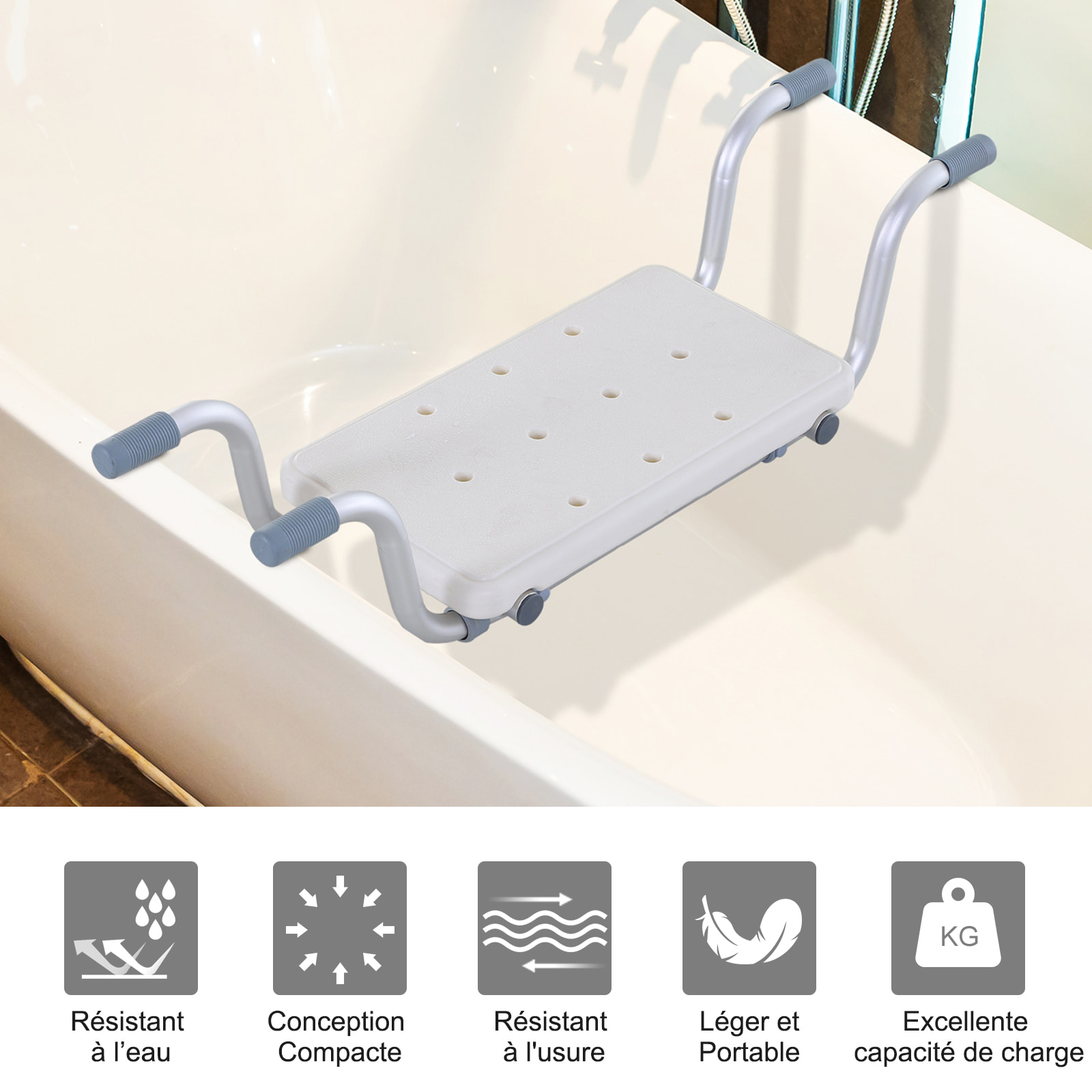 Siège de baignoire - siège de bain suspendu réglable - tabouret de salle de bain - dim. 71-81L x 22l x 18H cm - alu. HDPE blanc