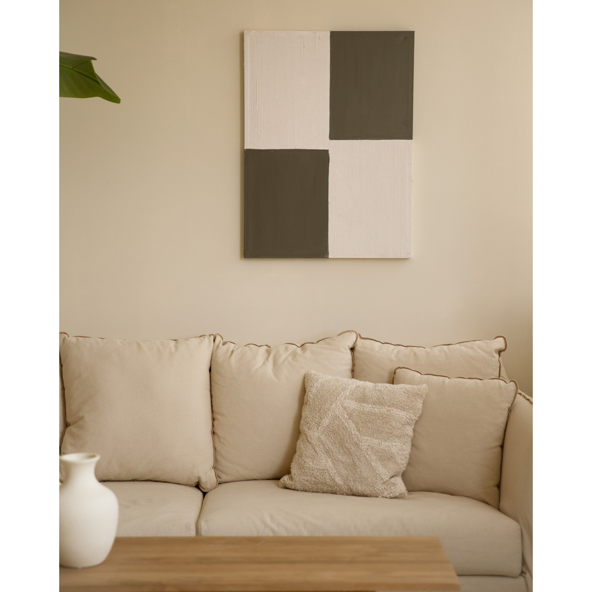 Tableau marron et blanc décoratif sur coton avec cadre en bois peint à la main à la peinture à l'huile en différentes tailles