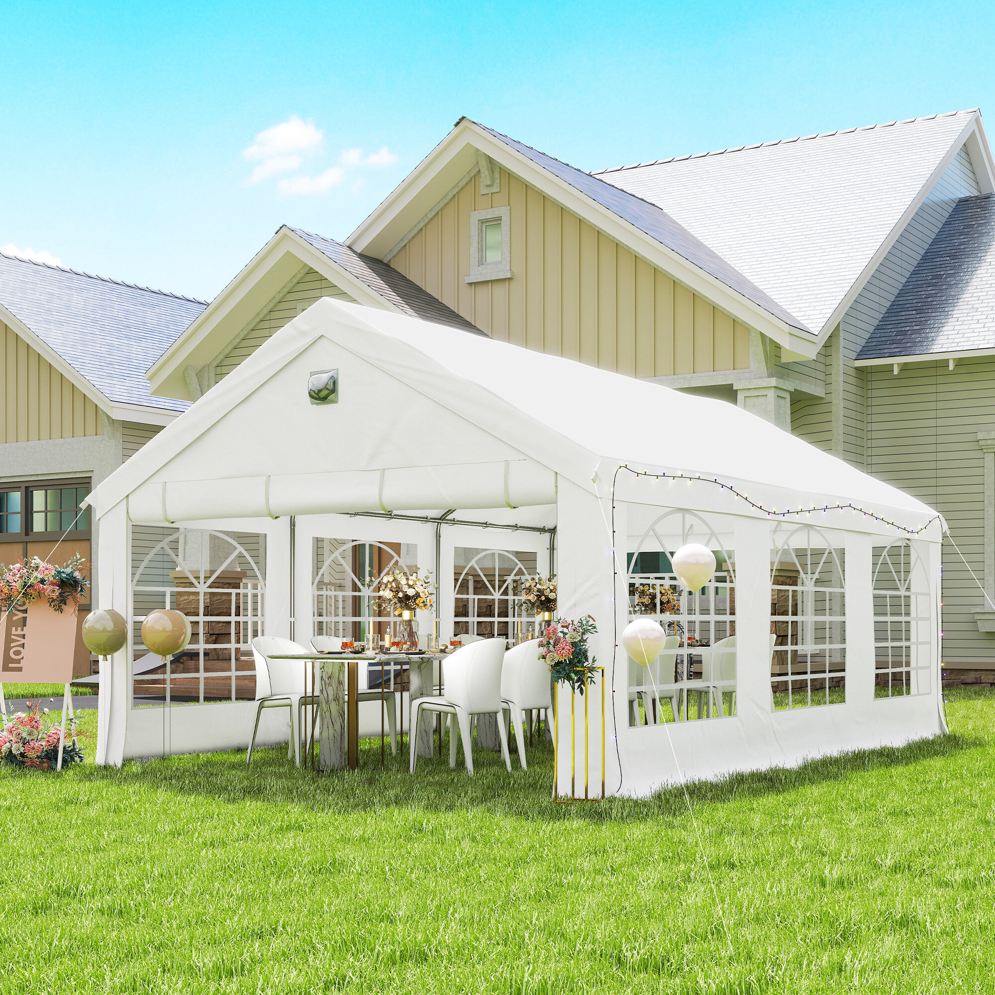 Carpa para Fiesta 4x6 m con Luces LED, Carpa de Jardín con Estructura Acero Galvanizado, Paredes Laterales Extraíbles, 2 Puertas con Cremallera, Ventanas, UPF30+, Gazabo para Eventos, Blanco