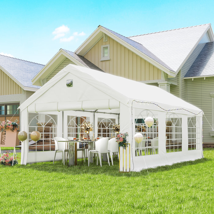 Carpa para Fiesta 4x6 m con Luces LED, Carpa de Jardín con Estructura Acero Galvanizado, Paredes Laterales Extraíbles, 2 Puertas con Cremallera, Ventanas, UPF30+, Gazabo para Eventos, Blanco