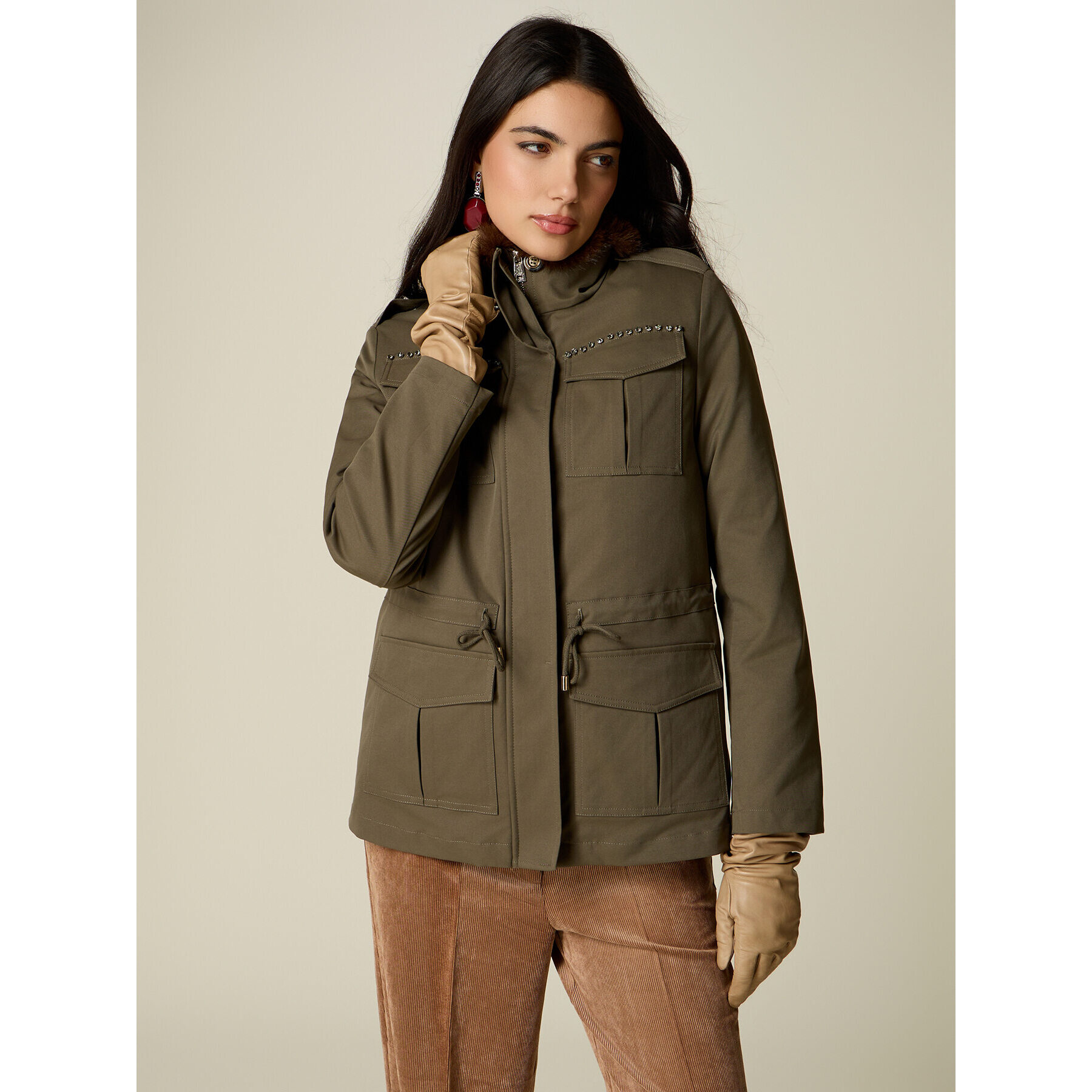 Oltre - Parka in drill misto cotone con borchie - Verde militare