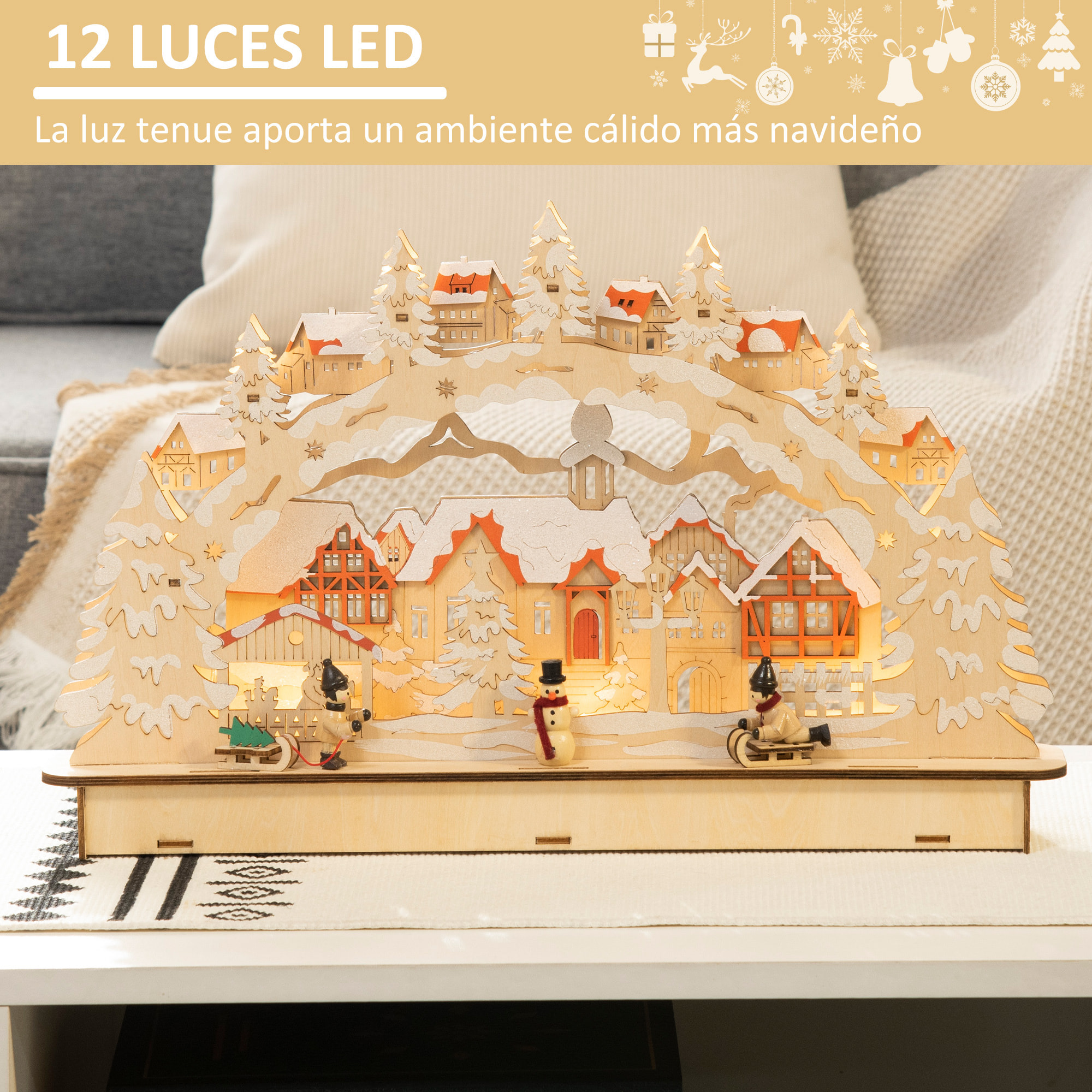 Casa de Pueblo Navideño con 12 Luces Escena Navideña Iluminado Decoración Navideña para Escritorio Mesa Chimeneas 45x7x28 cm Natural