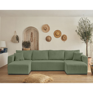 Topaze - canapé panoramique en U - 7 places - convertible avec coffre - en velours côtelé - Vert sauge