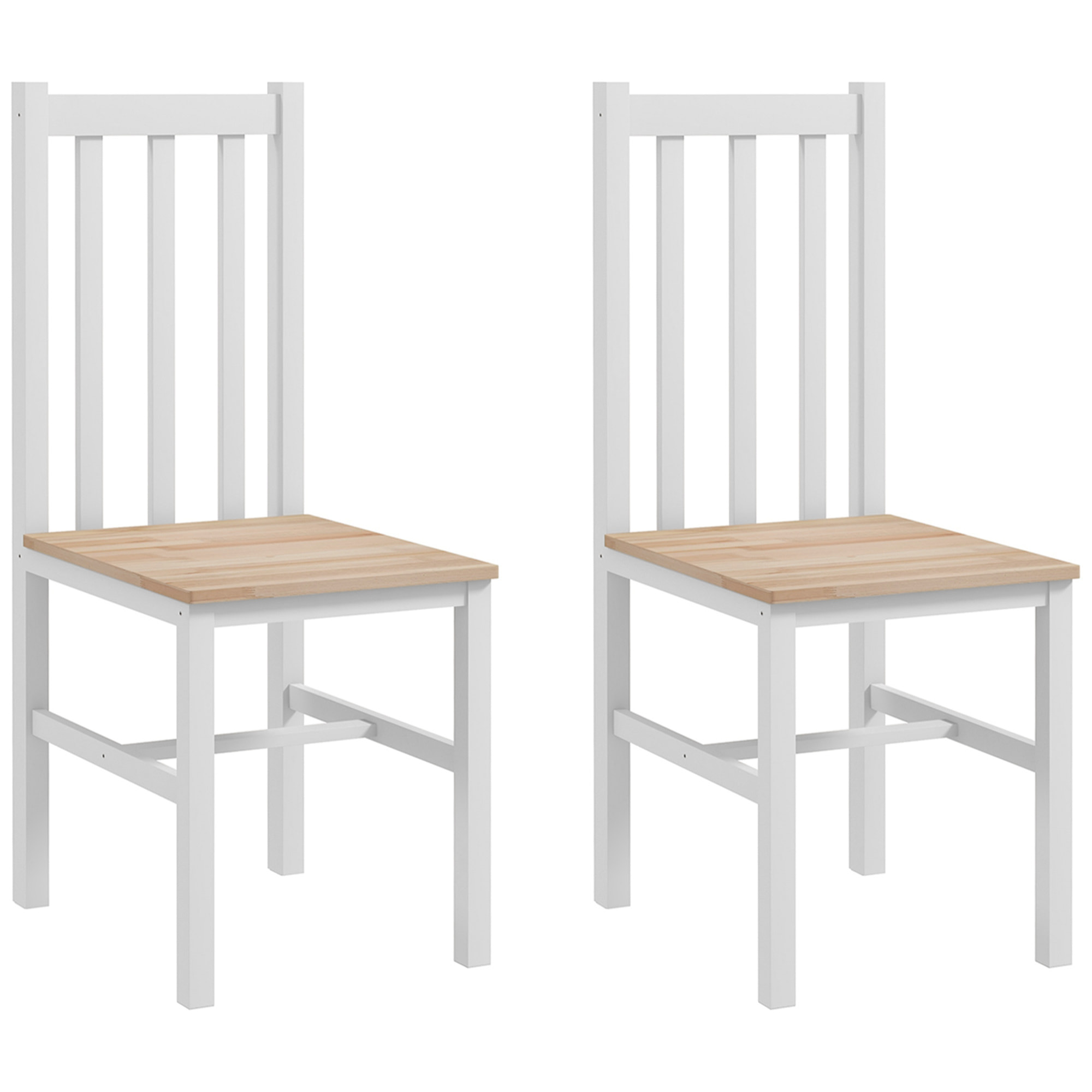 Juego de 2 Sillas de Comedor Silla de Cocina con Respaldo de Listones Marco de Madera de Pino para Sala de Estar y Comedor Carga 120 kg 38,5x47,5x99 cm Blanco