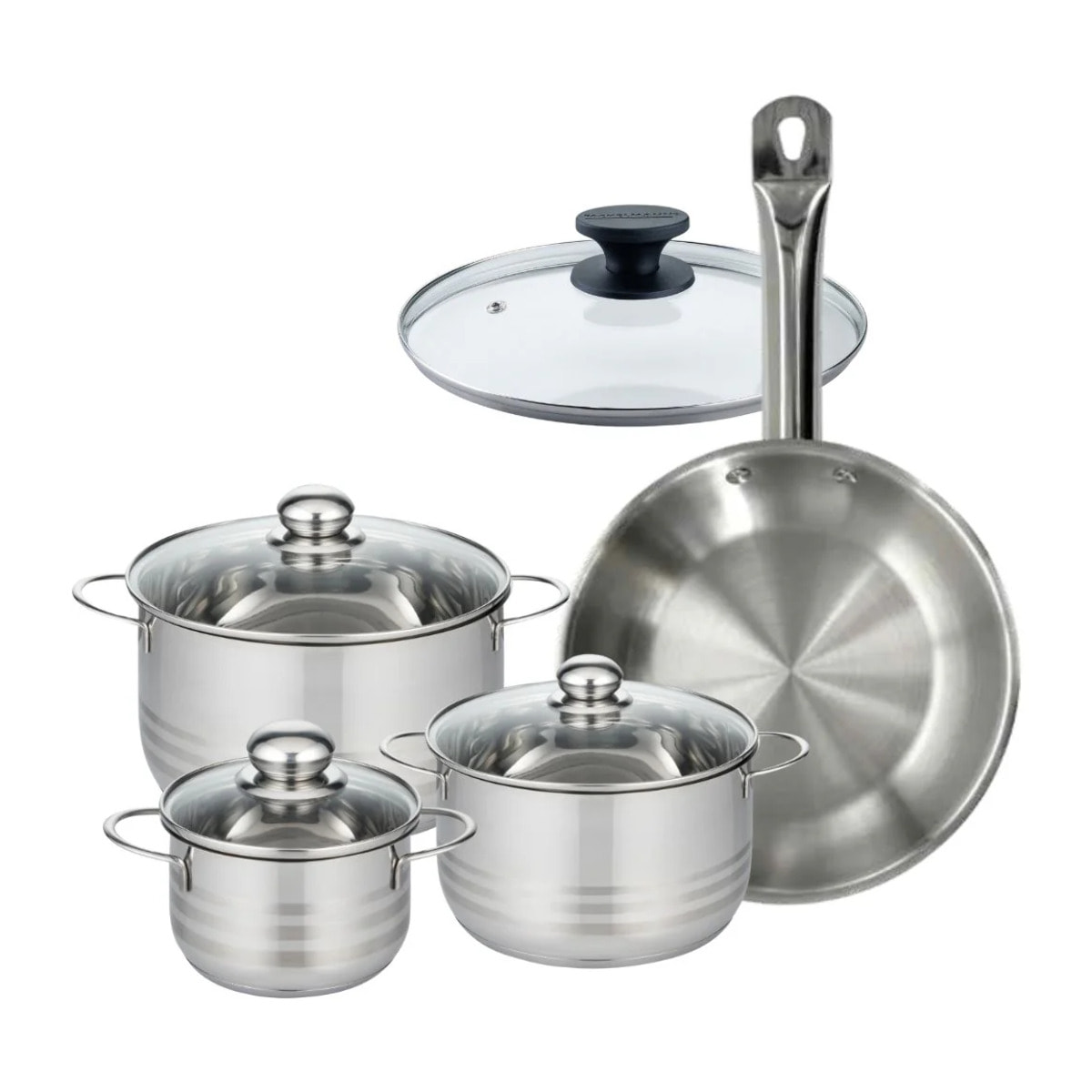 Set 1 poêle 28 cm en inox et 1 couvercle verre, 3 faitouts inox 16, 20 et 24 cm Fackelmann Eterna