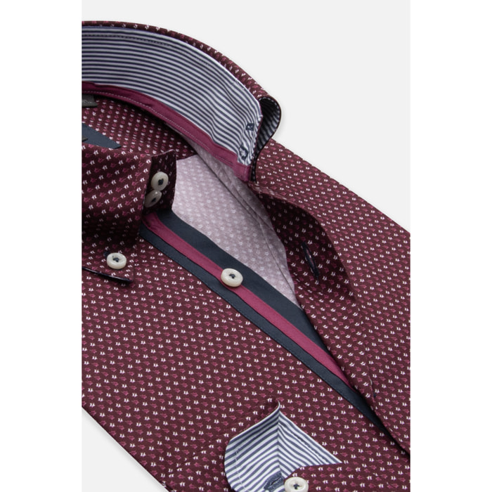 Camicia Uomo 2 Bottoni Button Down Slim Popeline Stretch Stampato Ciclamino e Bianco