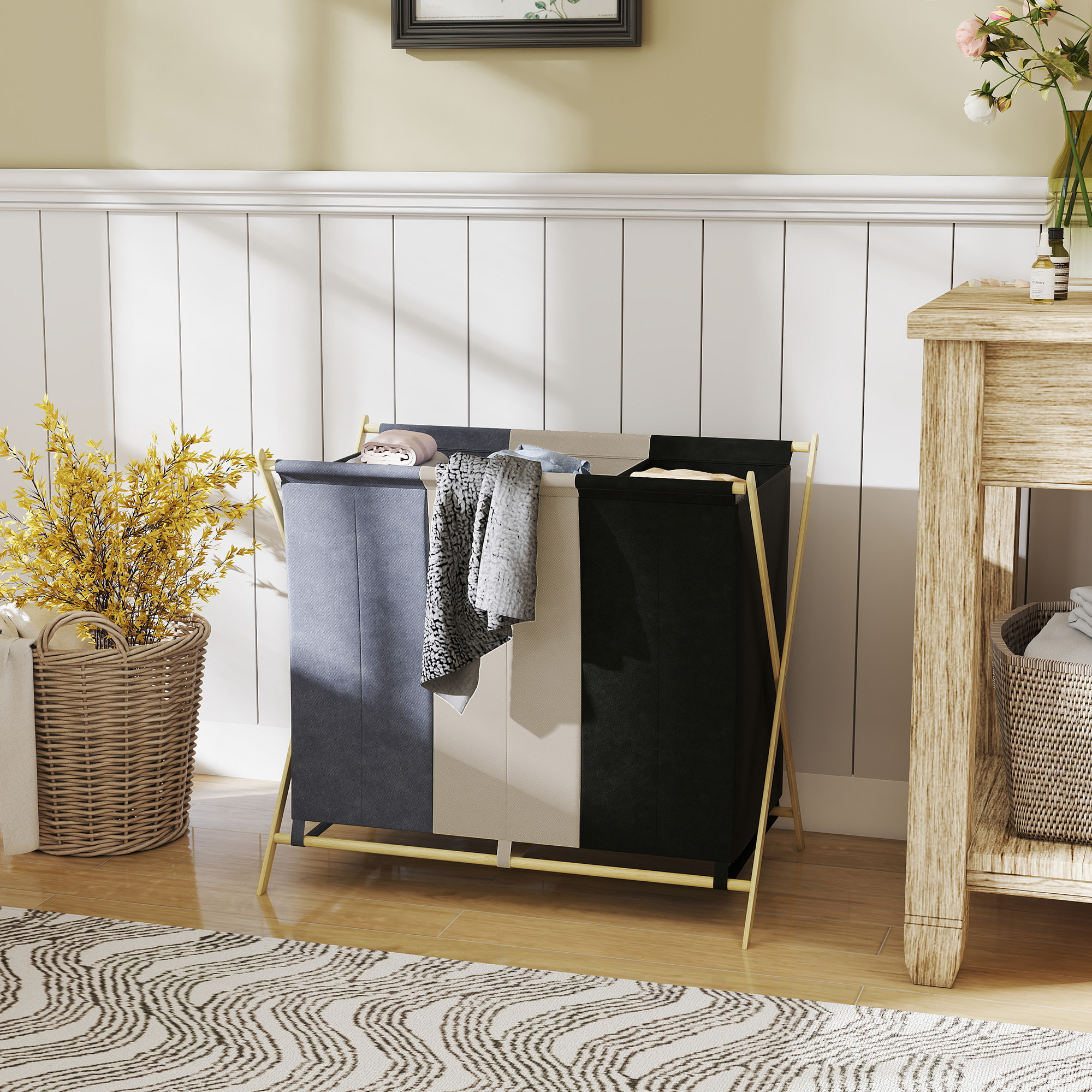 Cesto para Ropa Sucia Plegable con 3 Compartimentos Capacidad de 129L Cesta para la Colada con Estructura Forma de X de Bambú y Bolsas Extraíbles 75x48x67 cm Multicolor