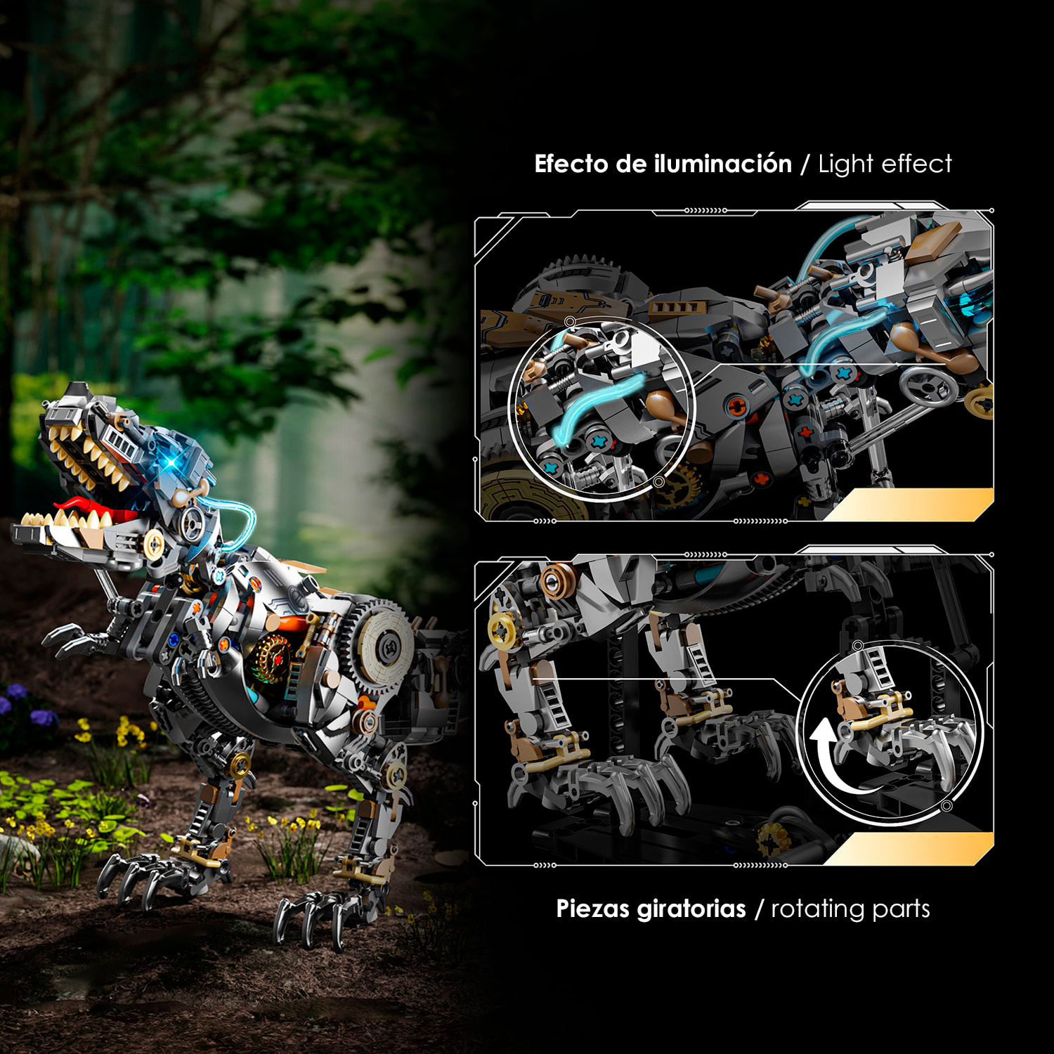 Maqueta 3D mecanizada de Tyrannosaurus Rex con 1268 piezas, equipada con luces y mecanismo de manivela que permite movimiento dinámico.
