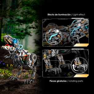 Maqueta 3D mecanizada de Tyrannosaurus Rex con 1268 piezas, equipada con luces y mecanismo de manivela que permite movimiento dinámico.