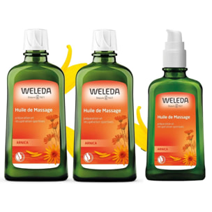 WELEDA - LOT Huile de massage Arnica 2x200ml + 1x100ml - Vegan* - Certifié Natrue**- Flacon 200ml et Flacon pompe 100ml