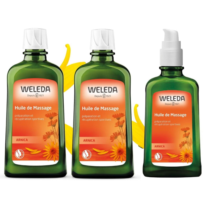 WELEDA - LOT Huile de massage Arnica 2x200ml + 1x100ml - Vegan* - Certifié Natrue**- Flacon 200ml et Flacon pompe 100ml
