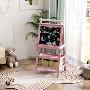 Tableau chevalet enfant 3 en 1 tableau double face enfant avec tableau blanc magnétique tableau à craie rangements bois rose