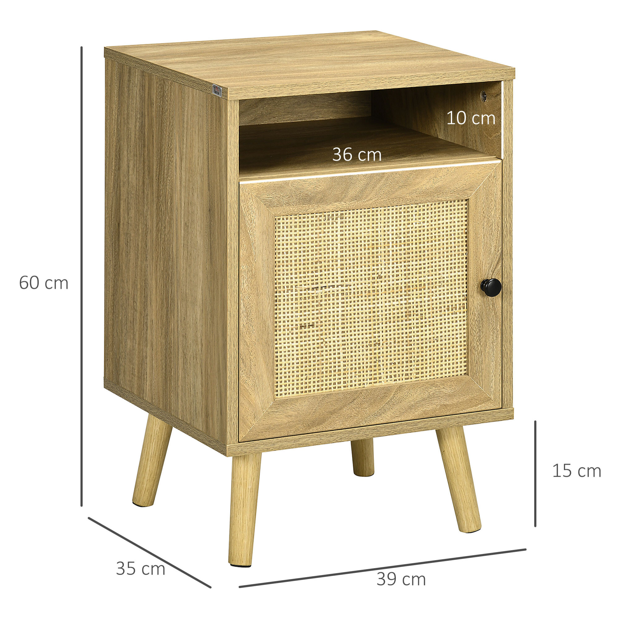 Mesita de Noche Mesilla de Noche con Puerta de Ratán y Compartimiento Abierto Mesa Auxiliar para Dormitorio Salón Cama 39x35x60 cm Natural