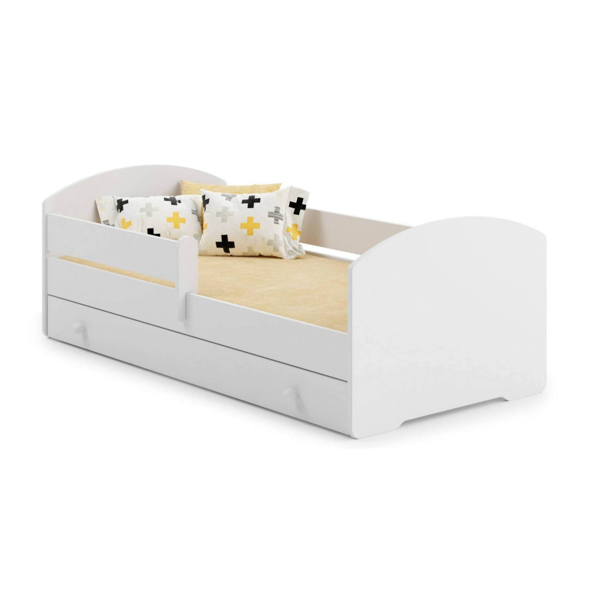 Letto singolo per bambini, Lettino con cassettone e protezione anticaduta, con testiera tonda, cm 144x78h58, colore Bianco