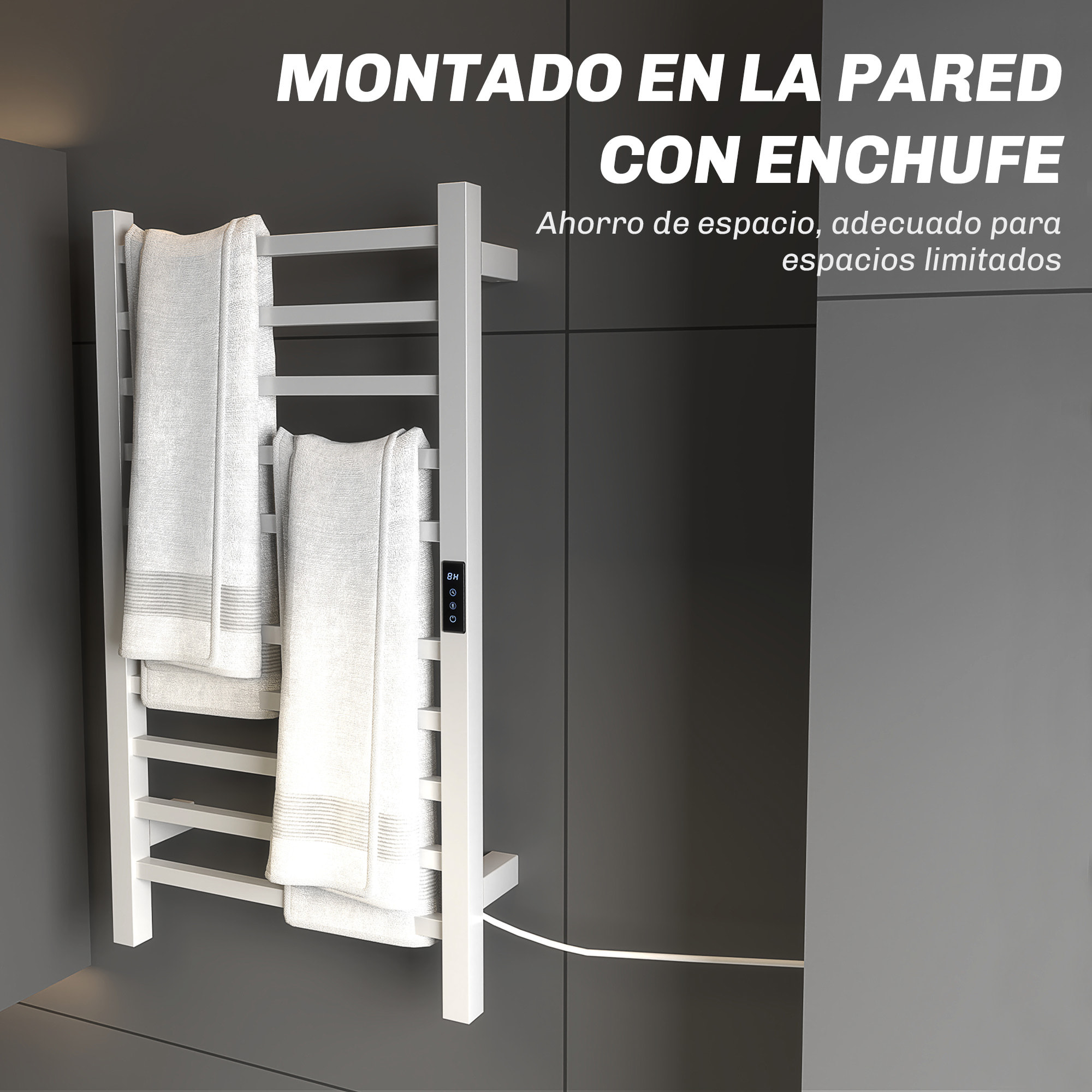 Toallero Eléctrico de Pared 110W Radiador Toallero Eléctrico con Control WIFI Pantalla Táctil Temporizador 10 Barras Temperatura Ajustable Bajo Consumo IPX4 Blanco