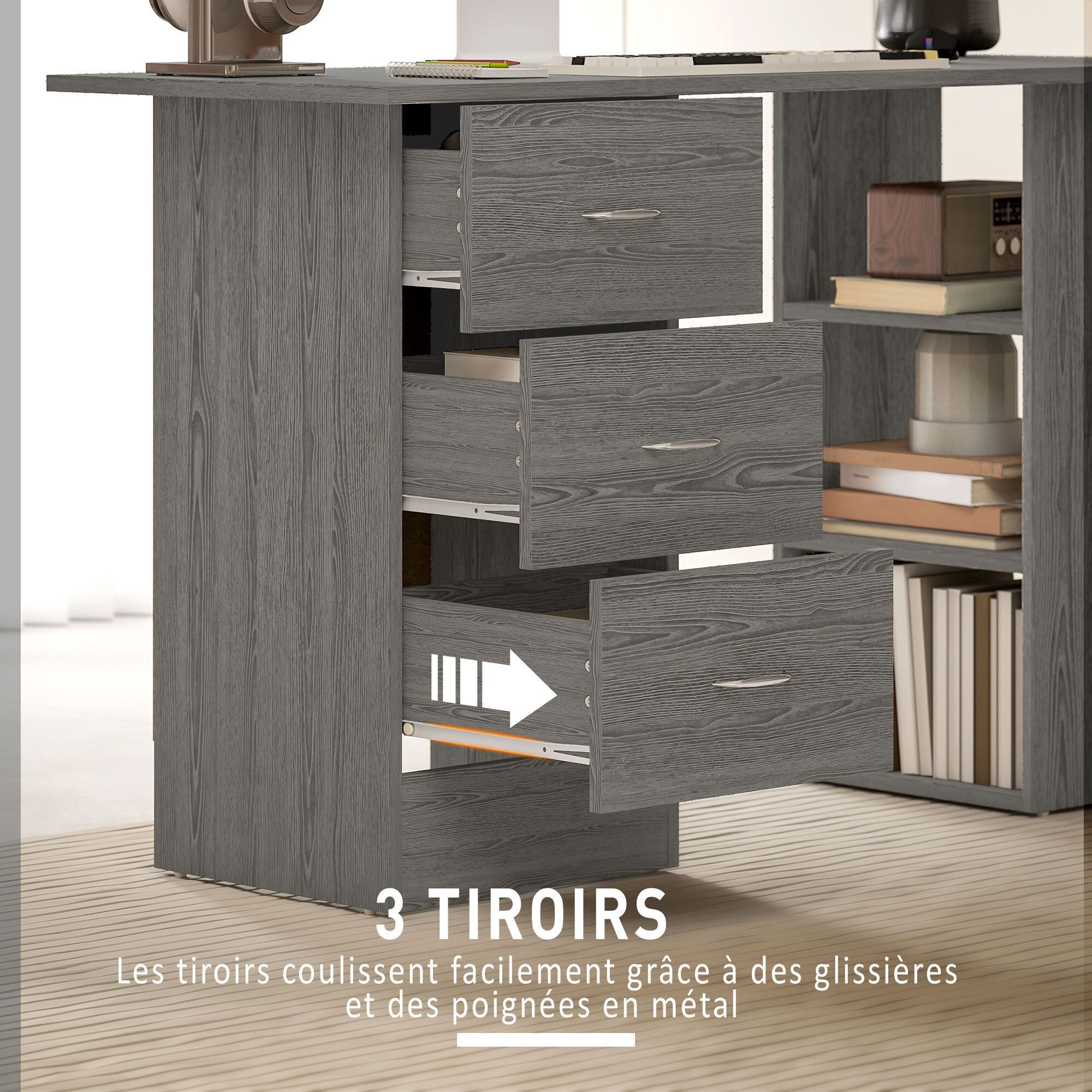 Bureau informatique table multi-fonctions 3 tiroirs 2 étagères dim. 120L x 49l x 72H cm MDF aspect bois gris