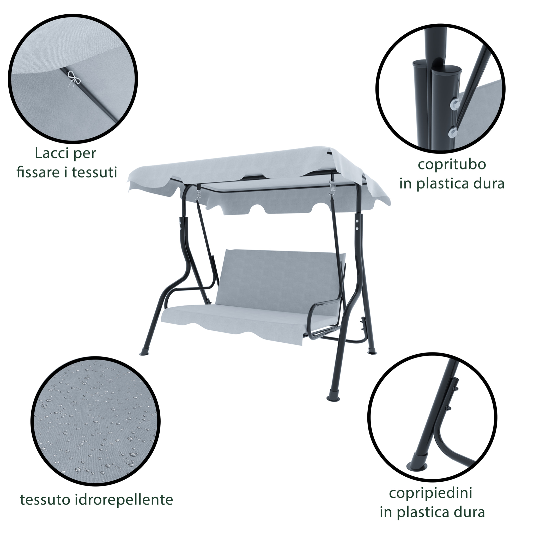 Dondolo 3 Posti Algarve Con Tettuccio Parasole Regolabile Cuscini Imbottiti Struttura Robusta In Acciaio Da Giardino 170 x 110 x 153 cm Grigio