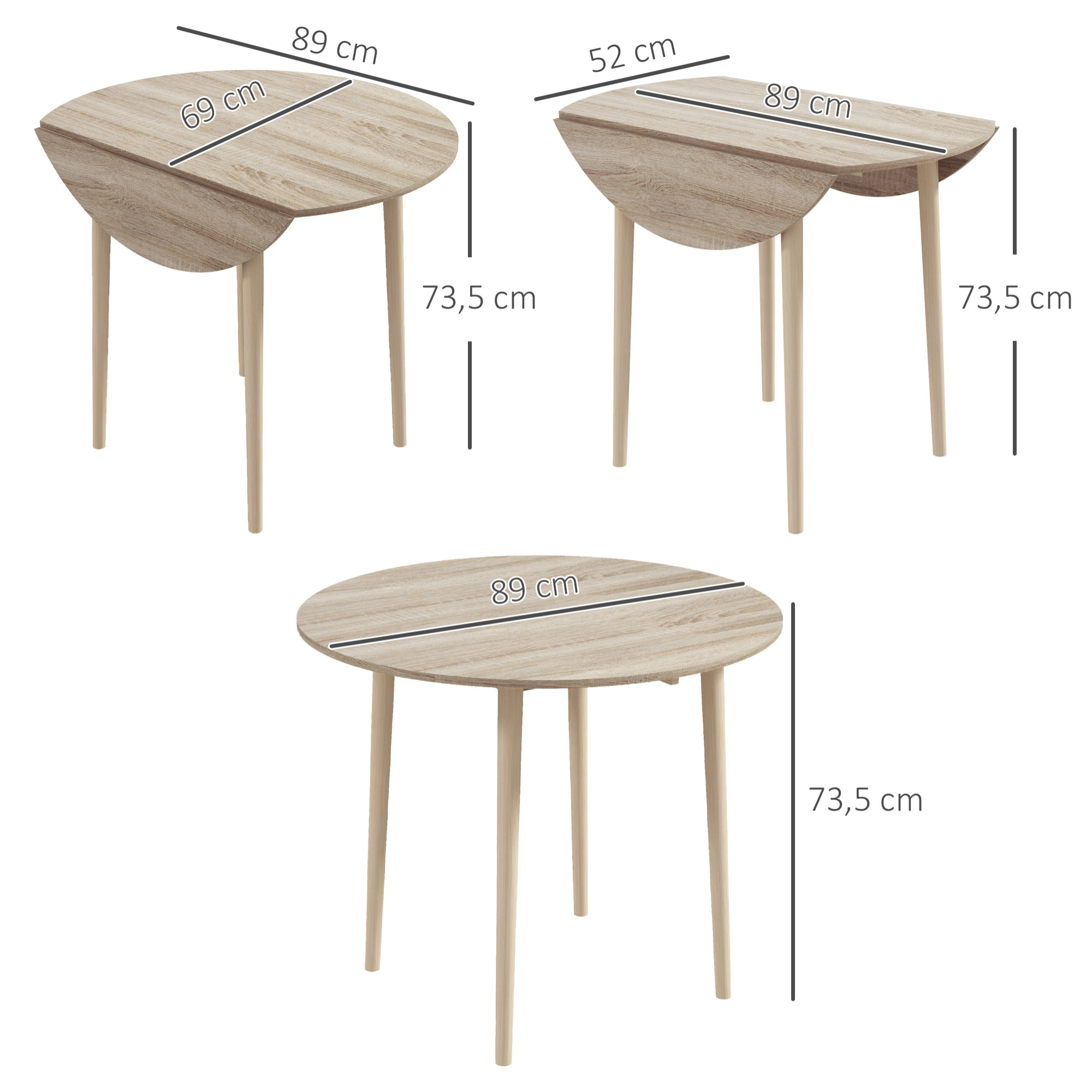 Table ronde de salle à manger cuisine pliable 2 abattants Ø 89 cm bois de pin aspect chêne clair