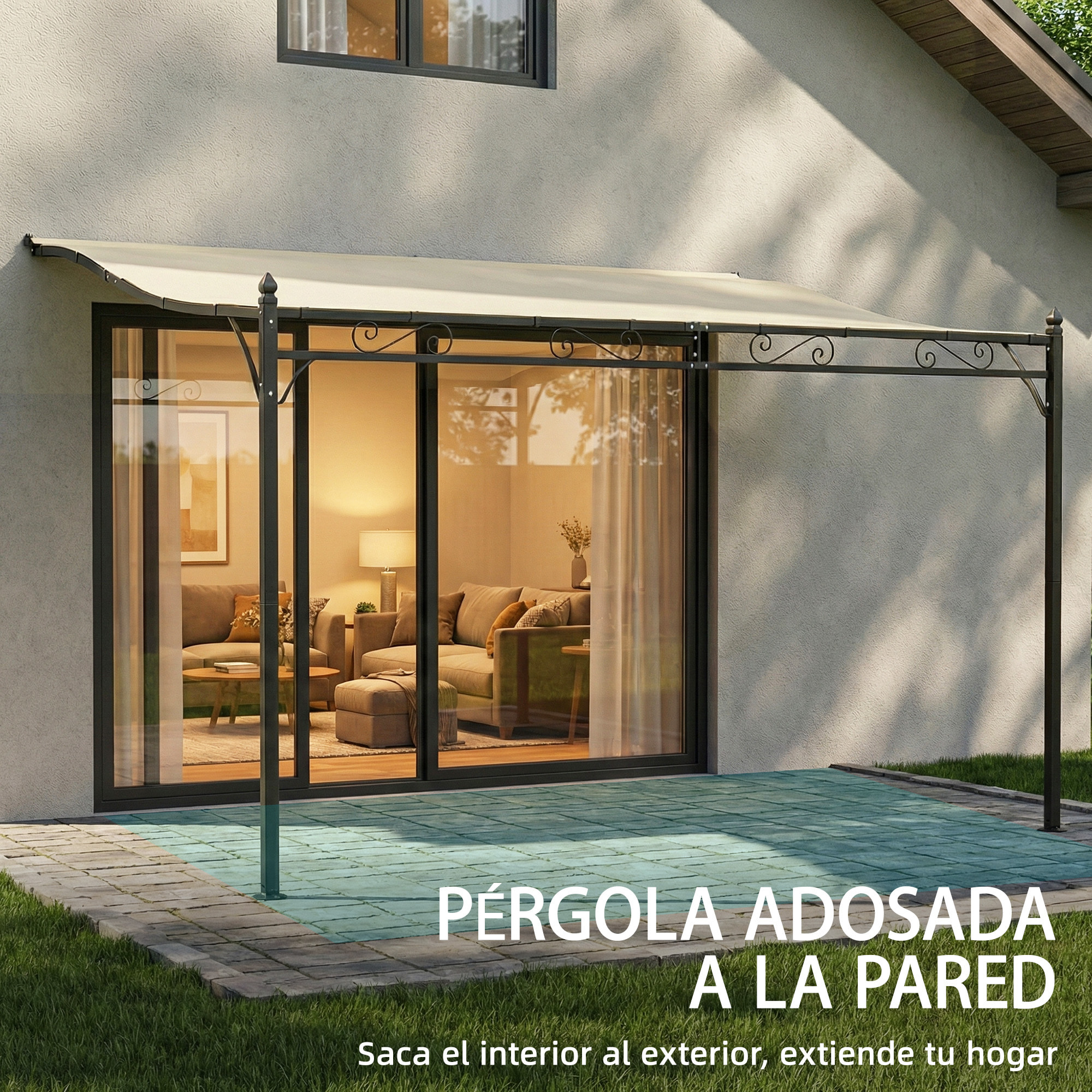 Pérgola de Pared de Jardín 2,5x3,5 m, Cenador de Jardín con Techo Inclinado, Orificios de Drenaje y Estructura Metálica Resistente, UPF30, Gazebo para Patio, Terraza, Balcón, Blanco Crema