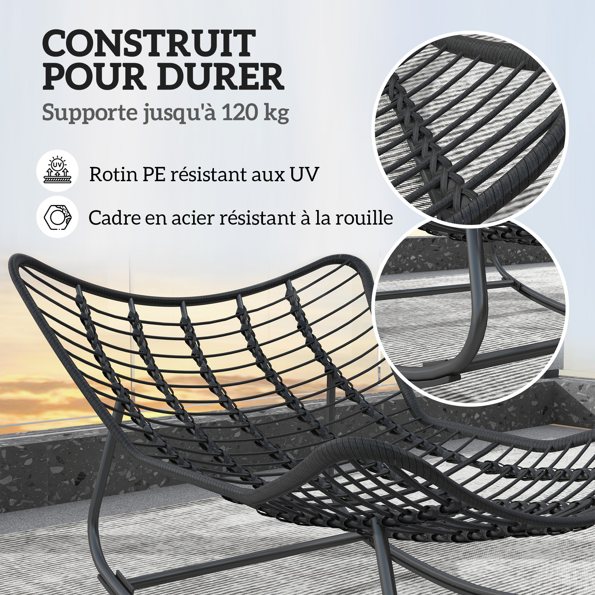 Fauteuil de jardin à bascule - fauteuil à oreilles - chaise à bascule - épais coussin capitonné gris