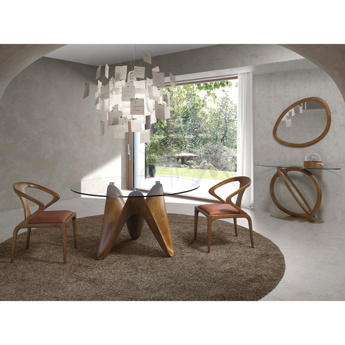 Mesa comedor redonda con tapa fija de cristal templado patas de madera en nogal 140x140x75cm