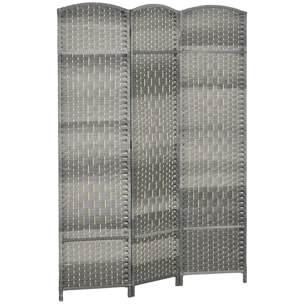 Paravent intérieur 3 panneaux pliables en bois séparateur de pièce style bohème tissé gris
