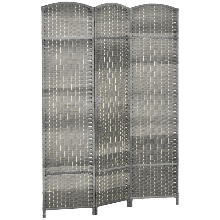 Paravent intérieur 3 panneaux pliables en bois séparateur de pièce style bohème tissé gris