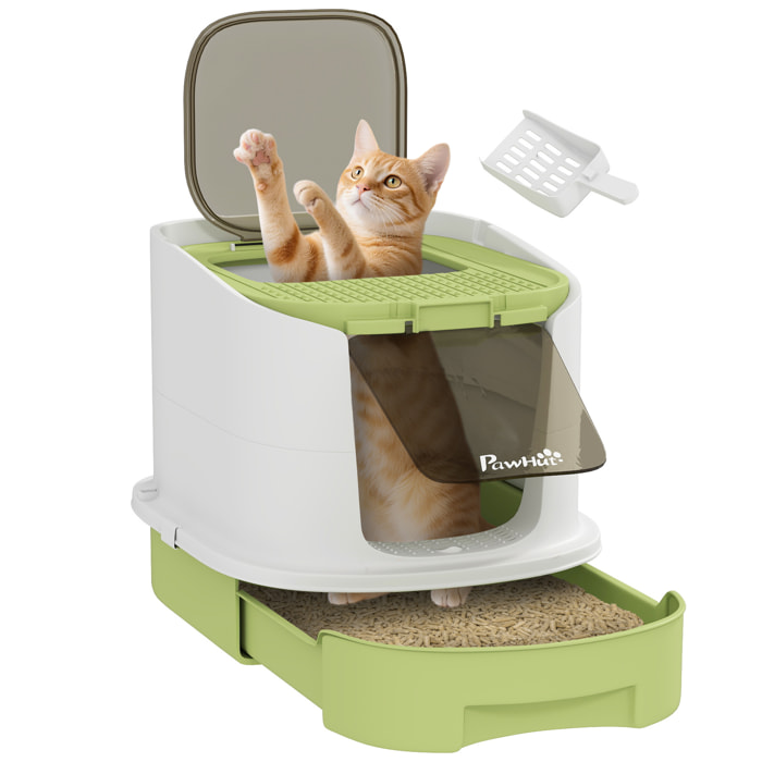 Arenero para Gatos Cubierto Caja de Arena para Gatos Arenero Cerrado con Entrada Frontal Salida Superior Tapa Removible Bandeja Extraíble y Pala 40,5x52,5x42,5 cm Blanco y Verde