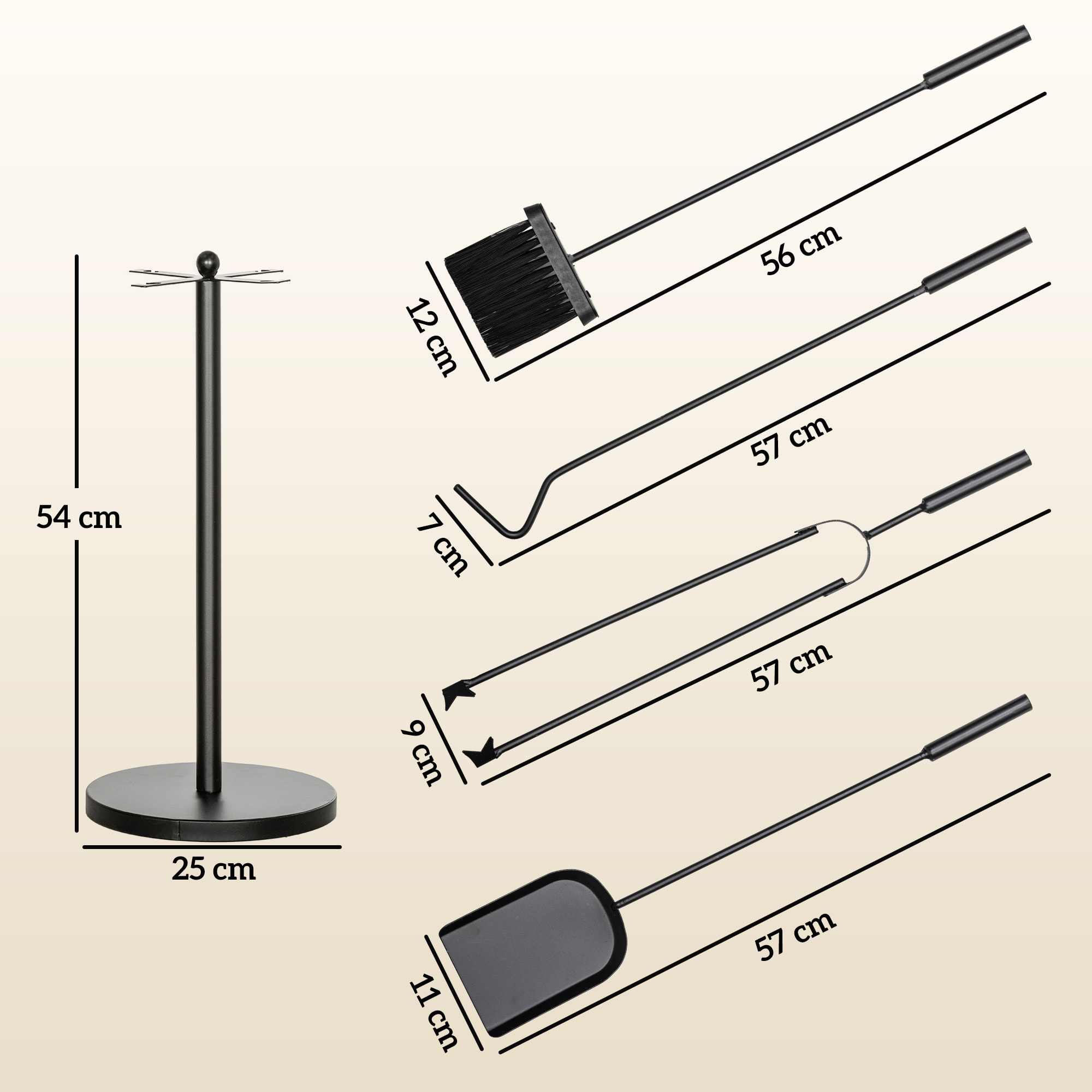 Juego de Herramientas para Chimenea de 5 Piezas Juego de Accesorios para Chimenea de Metal con Escoba Pala Tenazas Atizador y Soporte Ø25x54 cm Negro