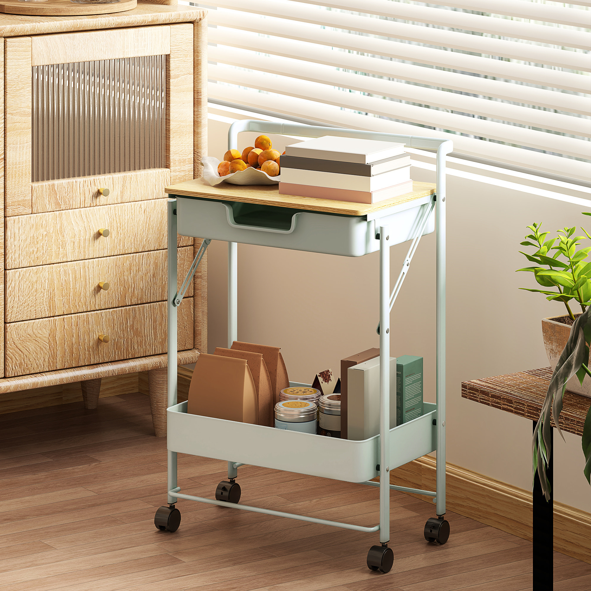 Carrito Auxiliar con Ruedas de 2 Niveles Carro de Cocina con 1 Cajón y 1 Cesta Carrito Organizador para Dormitorio Salón Oficina Verde Claro