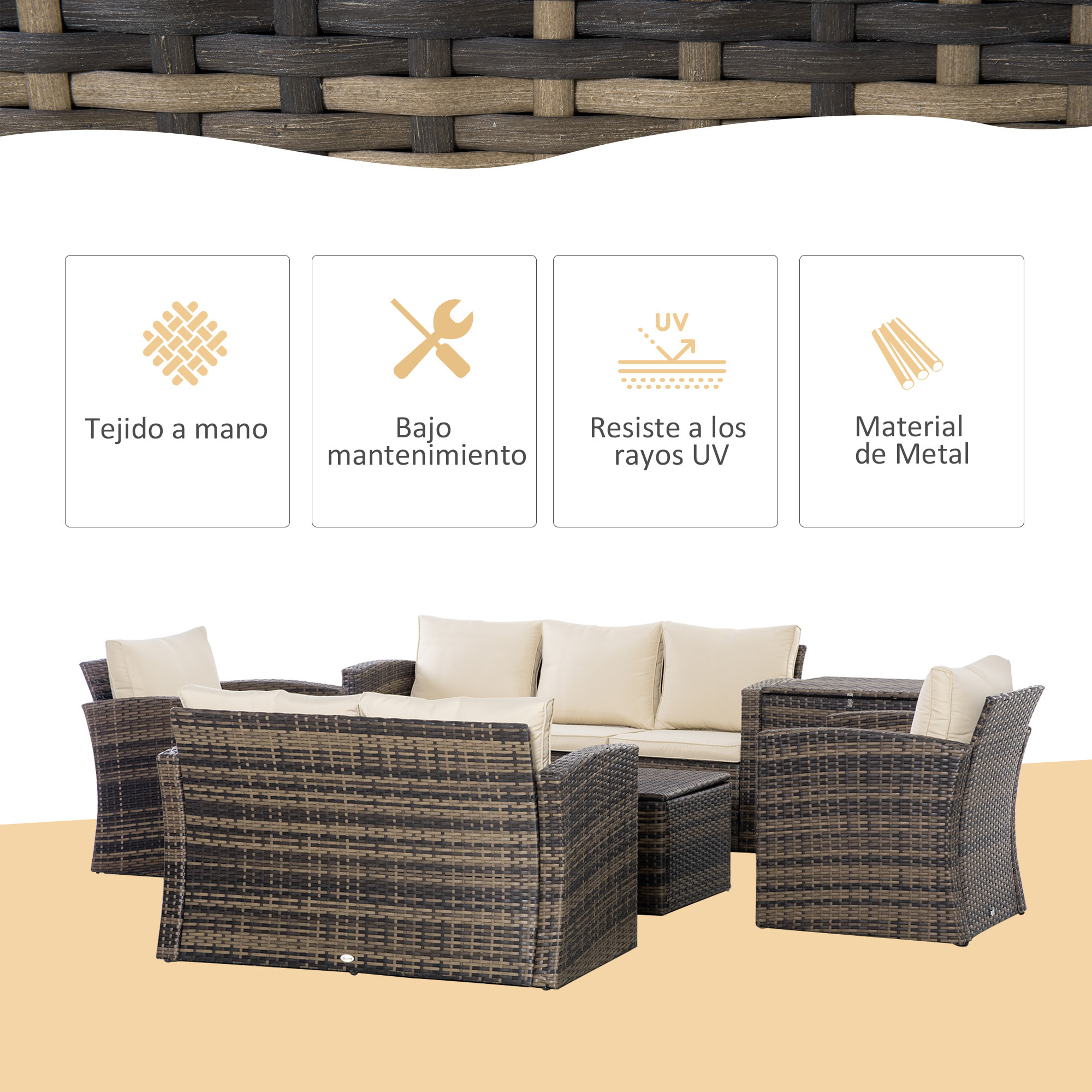 Conjunto de Jardín Exterior de Ratán, Conjunto Terraza, Muebles Jardín Exterior 6 Piezas Incluye Cojines, Sofá Doble, Sofá 3 Plazas, 2 Sillones, 2 Mesas Auxiliares con Almacenamiento, Caqui