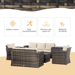 Conjunto de Jardín Exterior de Ratán, Conjunto Terraza, Muebles Jardín Exterior 6 Piezas Incluye Cojines, Sofá Doble, Sofá 3 Plazas, 2 Sillones, 2 Mesas Auxiliares con Almacenamiento, Caqui