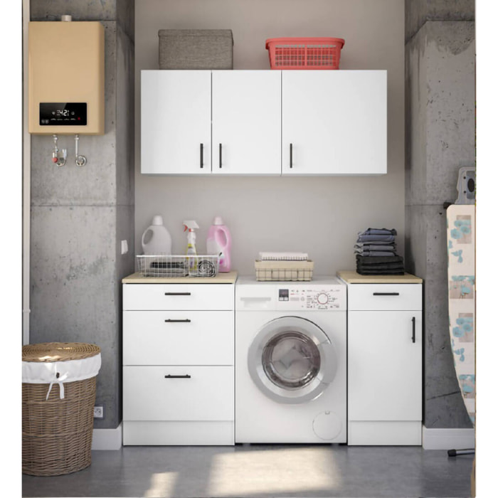 Set mobili per lavanderia Sesleria, Composizione lavanderia moderna, Soluzione salvaspazio per zona lavaggio, Bianco e Rovere