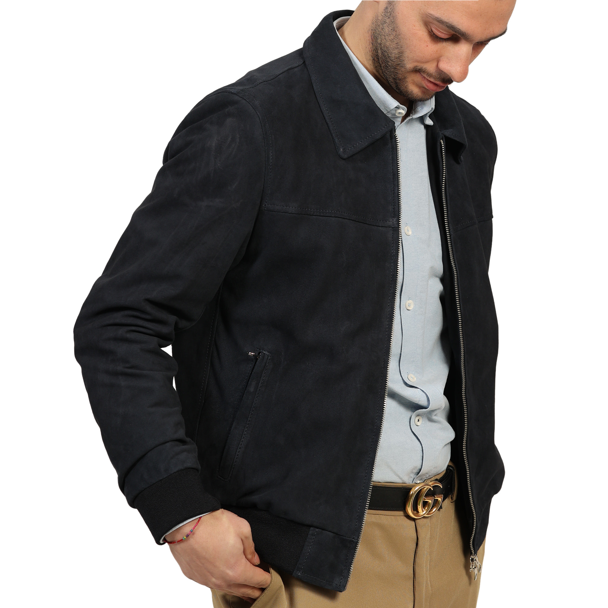 Giubbino in vera pelle di vitello scamosciata Blu-Slim Fit