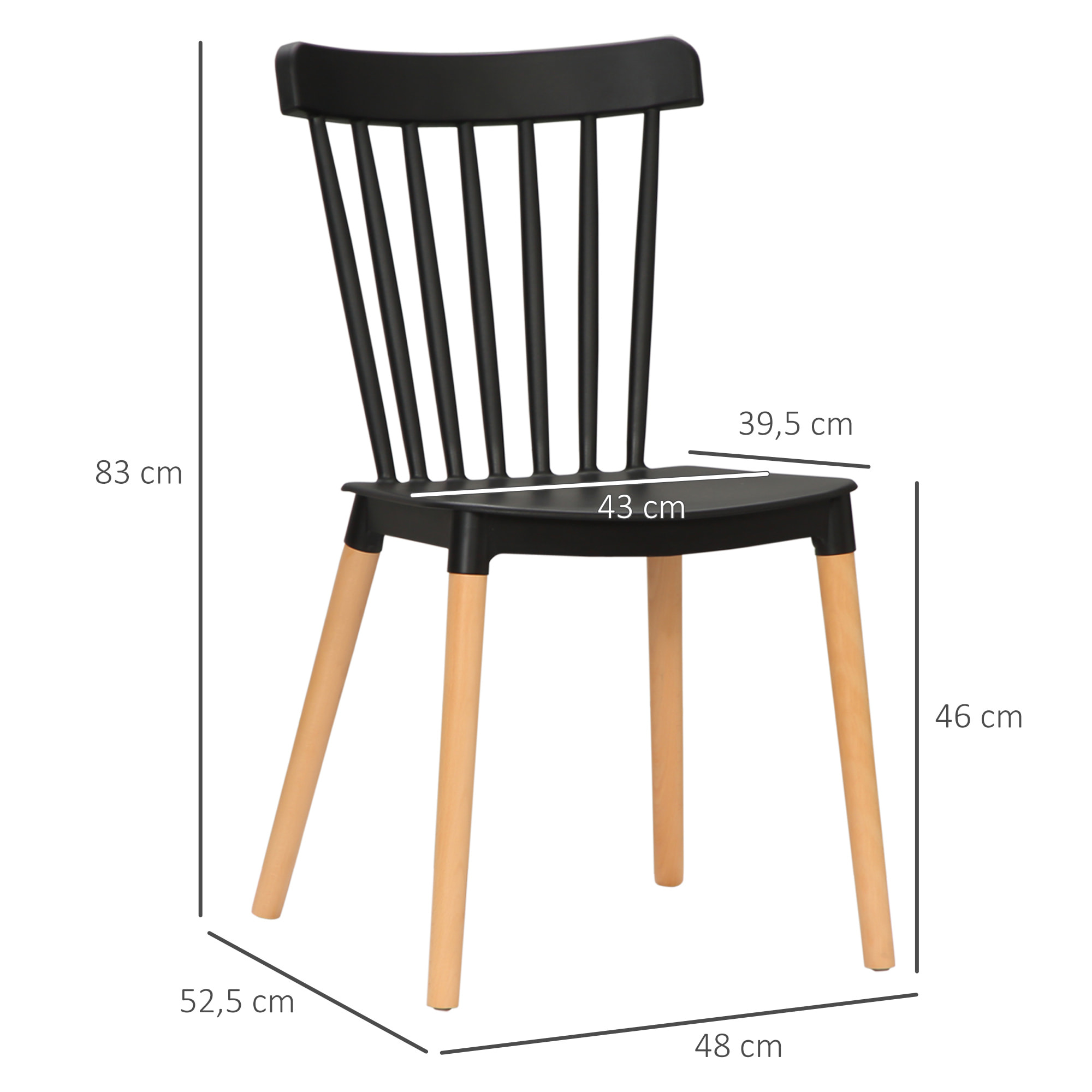 HOMCOM Juego de 4 Sillas de Comedor Estilo Nórdico Sillas de Cocina con Respaldo Alto Asiento de Polipropileno y Patas de Madera de Haya Carga 120 kg 43x52,5x83 cm Negro