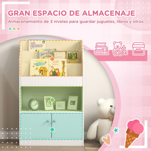 Estantería Juguetes Infantil Librería para Niños de 3 a 8 Años para Juguetes Libros Zapatos con 3 Compartimentos y 2 Armarios para Escuela Dormitorio 60x29,5x100 cm Blanco